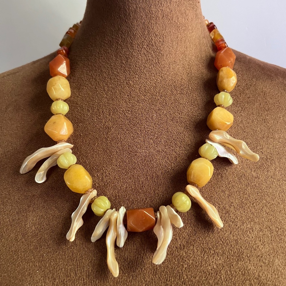 Natural Stone & Mother of Pearl Shell Beaded Statement Necklace 21 Inch Eclectic